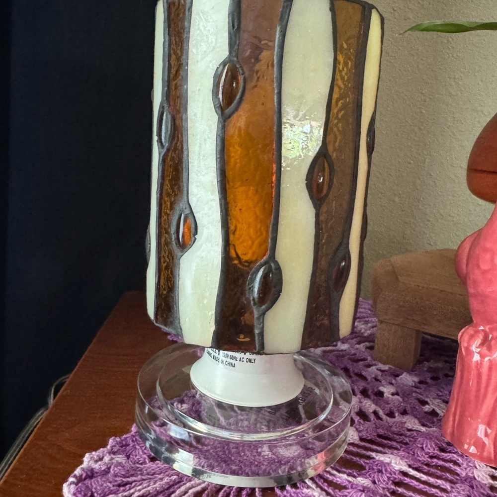 Tiffany Inspired Stained Glass Table Lamp with Orange and Black Accents - Picture 4 of 10